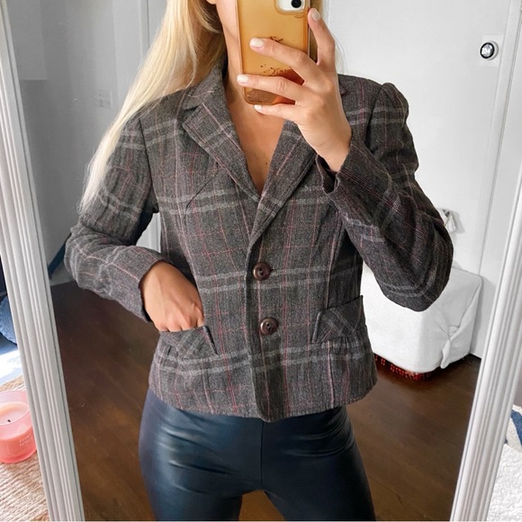 🍂 BETTY BARCLAY GREY RED PLAID WOOL BLEND BLAZER JACKET! - Picture 2 of 15